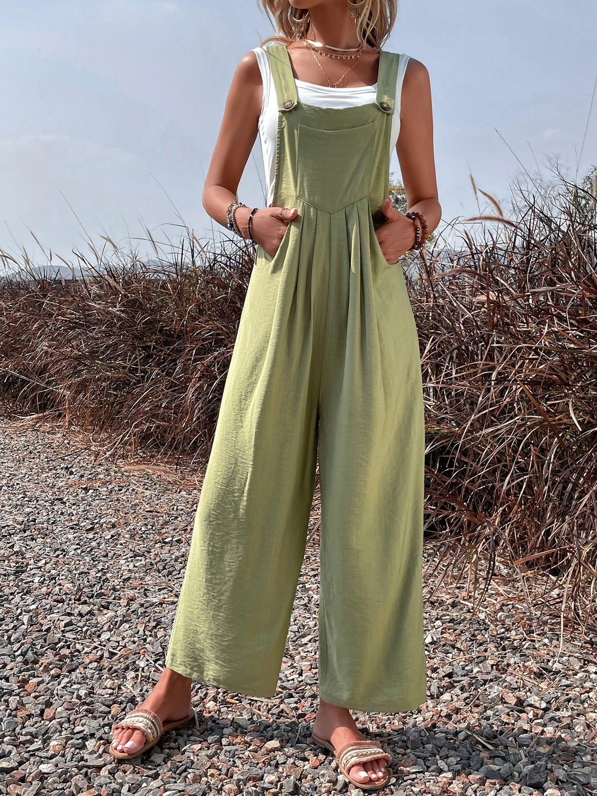 Solid Slant Pocket Overall Jumpsuit Without Tube Top