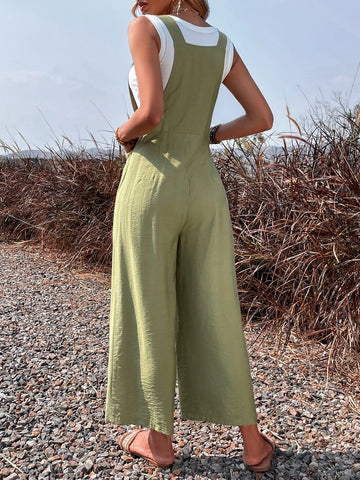 Solid Slant Pocket Overall Jumpsuit Without Tube Top