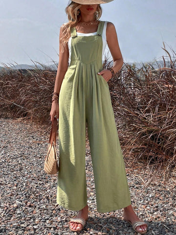 Solid Slant Pocket Overall Jumpsuit Without Tube Top