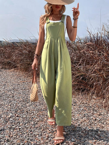 Solid Slant Pocket Overall Jumpsuit Without Tube Top