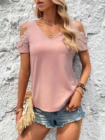 EMERY ROSE Guipure Lace Panel Cold Shoulder Tee