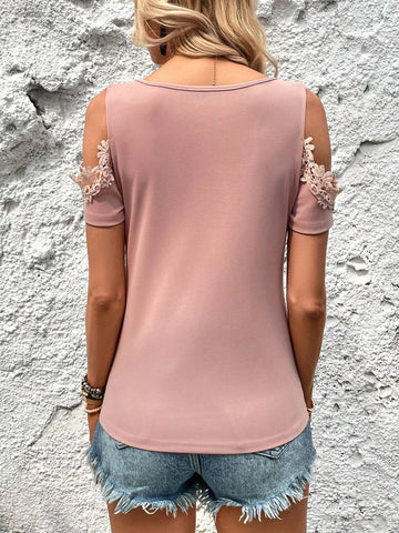 EMERY ROSE Guipure Lace Panel Cold Shoulder Tee