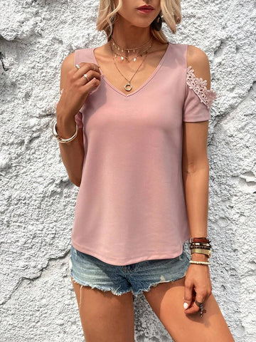 EMERY ROSE Guipure Lace Panel Cold Shoulder Tee