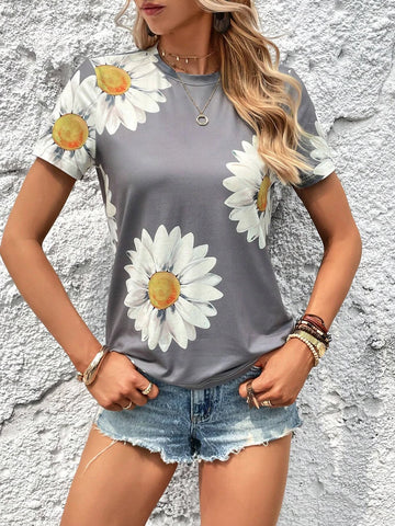 EMERY ROSE Floral Print Round Neck Tee