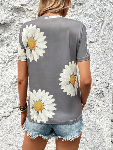 EMERY ROSE Floral Print Round Neck Tee