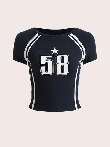 EZwear Striped & Number Print Crop Tee