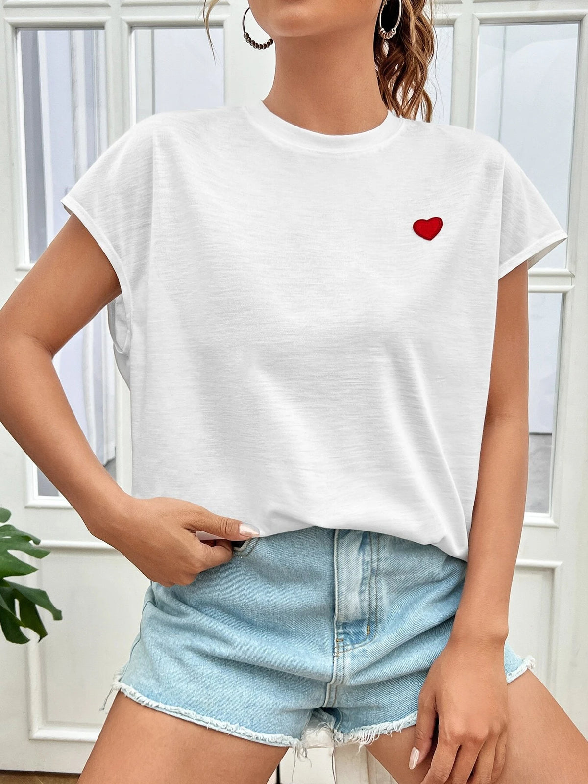 EZwear Heart Print Batwing Sleeve Tee