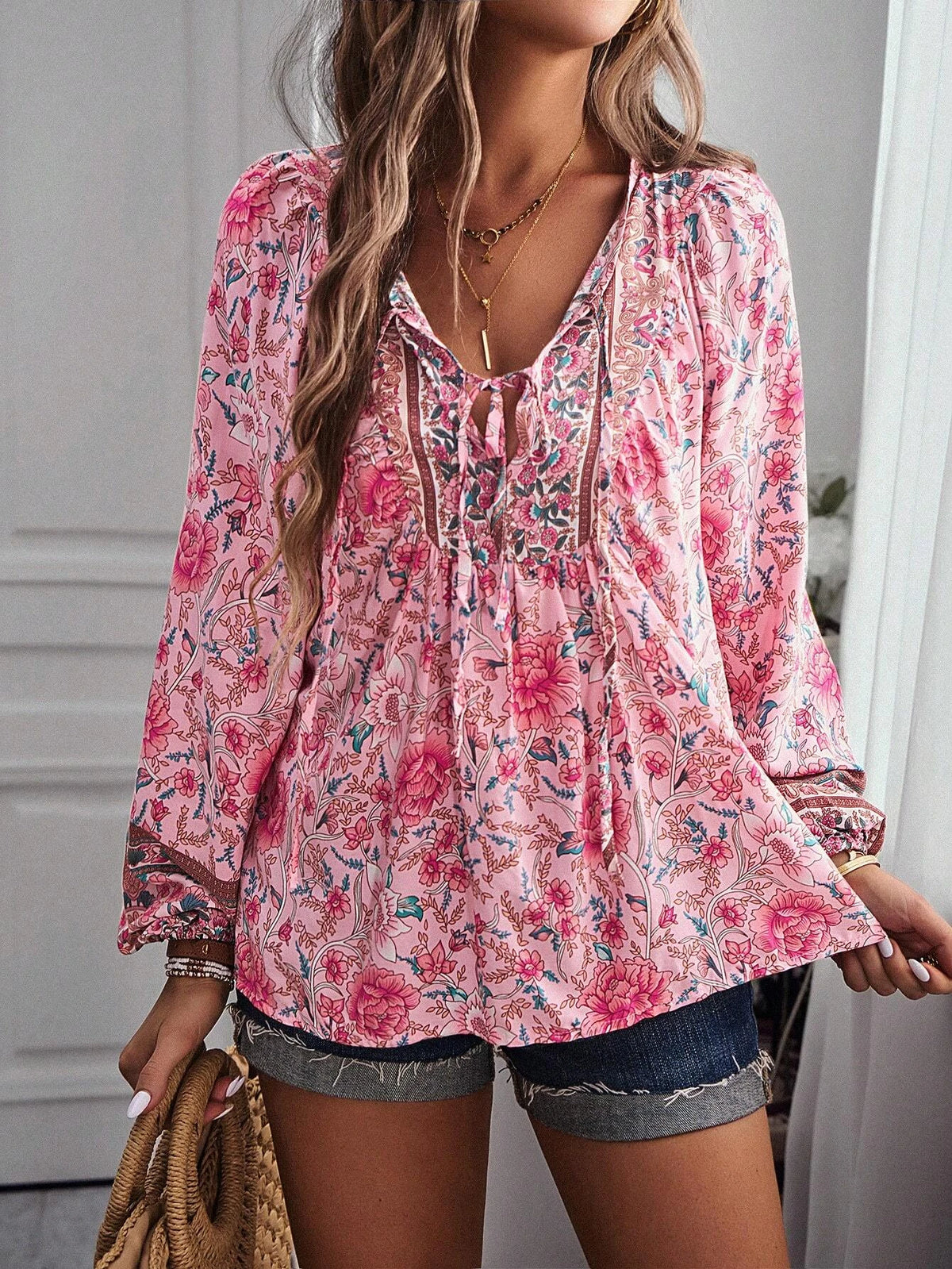 Floral Print Tie Neck Lantern Sleeve Blouse
