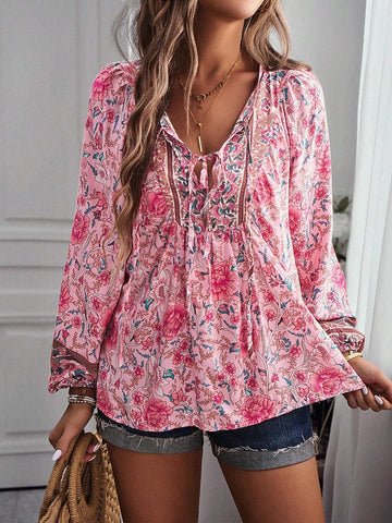 Floral Print Tie Neck Lantern Sleeve Blouse
