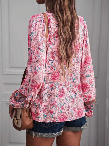 Floral Print Tie Neck Lantern Sleeve Blouse