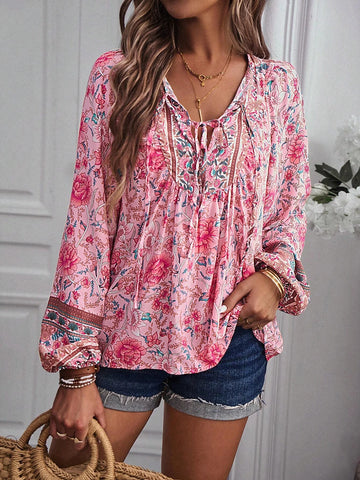 Floral Print Tie Neck Lantern Sleeve Blouse