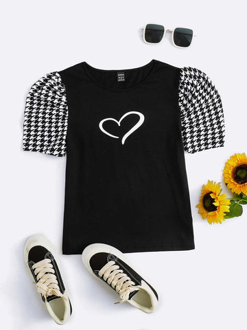 Unity Heart & Houndstooth Print Puff Sleeve Tee