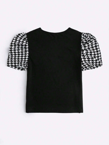 Unity Heart & Houndstooth Print Puff Sleeve Tee