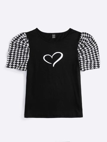 Unity Heart & Houndstooth Print Puff Sleeve Tee