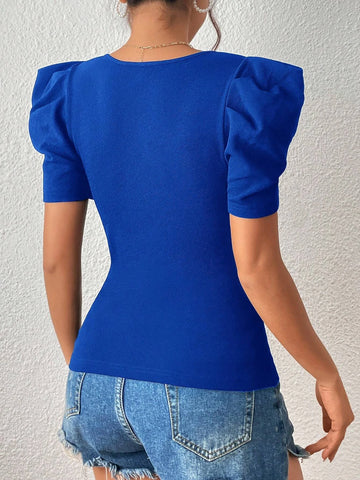 Unity Pearls Beaded Sweetheart Neck Puff Sleeve Tee