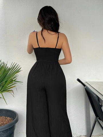 Solid Lace Trim Wide Leg Cami Jumpsuit