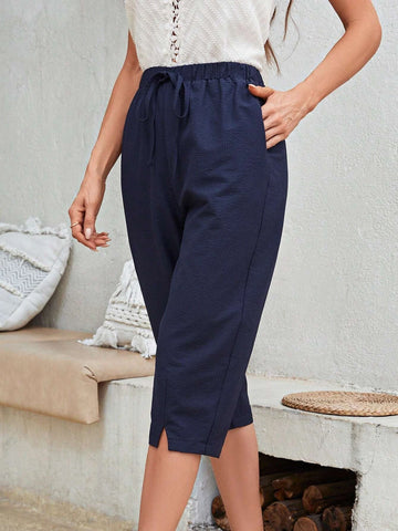 EMERY ROSE Solid Split Hem Knot Waist Capri Pants