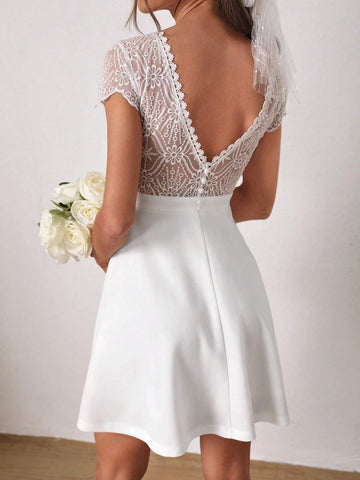 Contrast Embroidery Mesh Backless A-line Dress