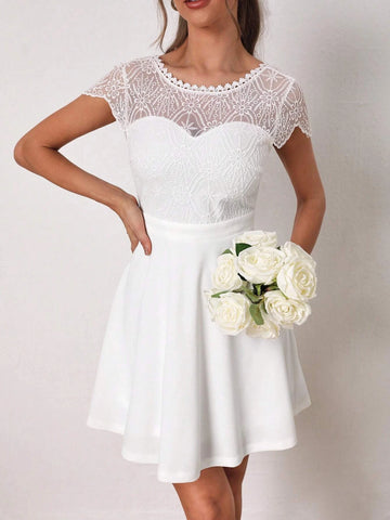Contrast Embroidery Mesh Backless A-line Dress