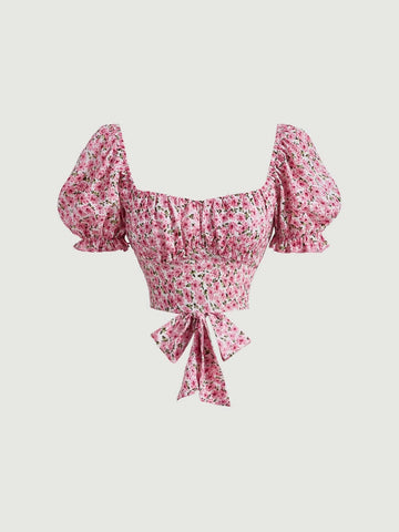 MOD Ditsy Floral Print Puff Sleeve Crop Blouse