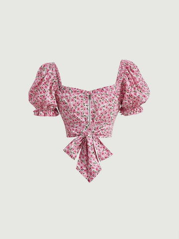 MOD Ditsy Floral Print Puff Sleeve Crop Blouse