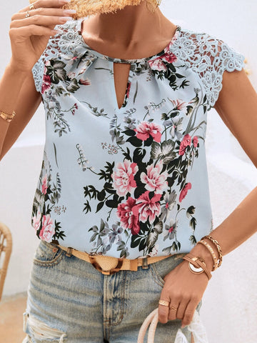 EMERY ROSE Floral Print Contrast Guipure Lace Keyhole Neckline Raglan Sleeve Blouse
