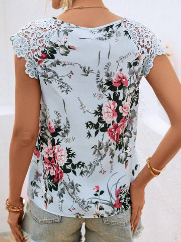 EMERY ROSE Floral Print Contrast Guipure Lace Keyhole Neckline Raglan Sleeve Blouse