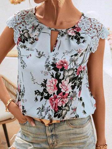 EMERY ROSE Floral Print Contrast Guipure Lace Keyhole Neckline Raglan Sleeve Blouse