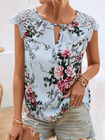 EMERY ROSE Floral Print Contrast Guipure Lace Keyhole Neckline Raglan Sleeve Blouse