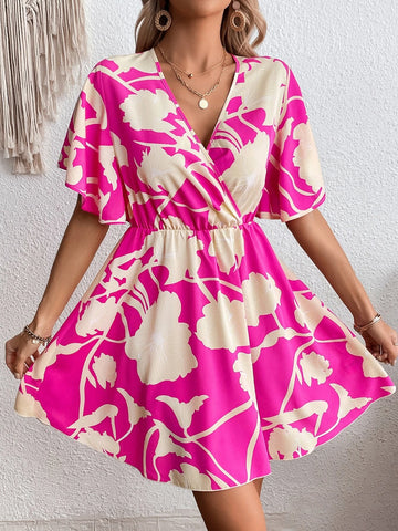 EMERY ROSE Floral Print Surplice Neck Butterfly Sleeve Dress