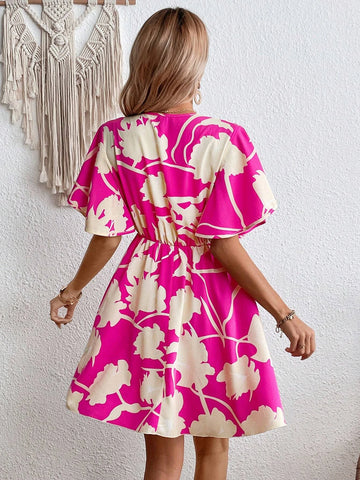 EMERY ROSE Floral Print Surplice Neck Butterfly Sleeve Dress