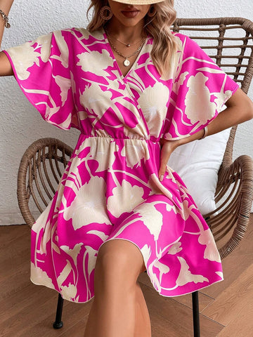 EMERY ROSE Floral Print Surplice Neck Butterfly Sleeve Dress