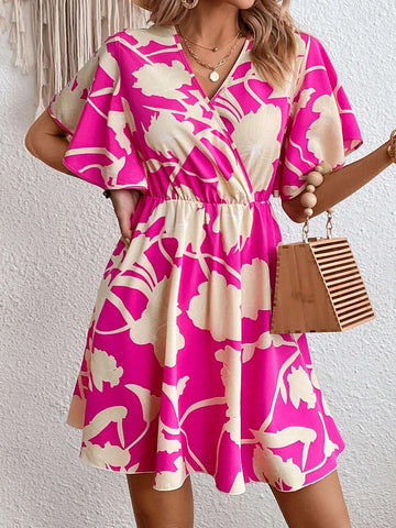EMERY ROSE Floral Print Surplice Neck Butterfly Sleeve Dress