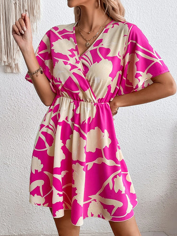 EMERY ROSE Floral Print Surplice Neck Butterfly Sleeve Dress