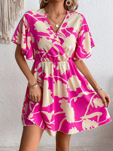 EMERY ROSE Floral Print Surplice Neck Butterfly Sleeve Dress