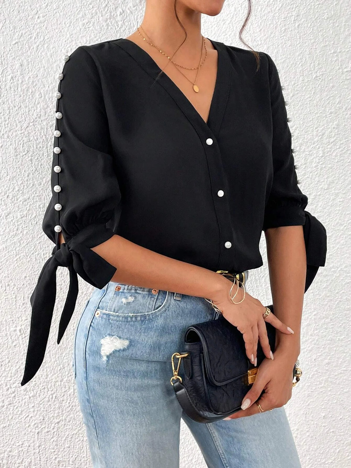 Unity Pearls Beaded Knot Cuff Button Front Blouse