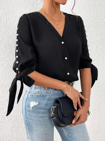 Unity Pearls Beaded Knot Cuff Button Front Blouse