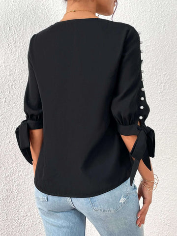 Unity Pearls Beaded Knot Cuff Button Front Blouse