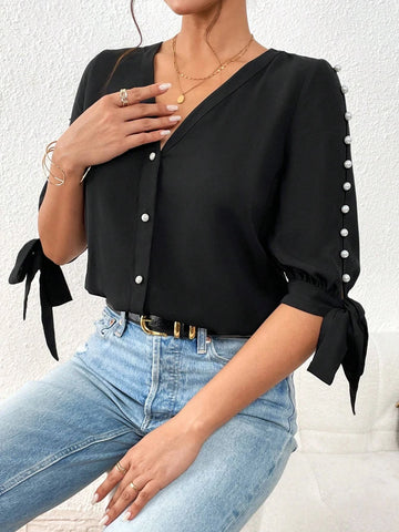 Unity Pearls Beaded Knot Cuff Button Front Blouse