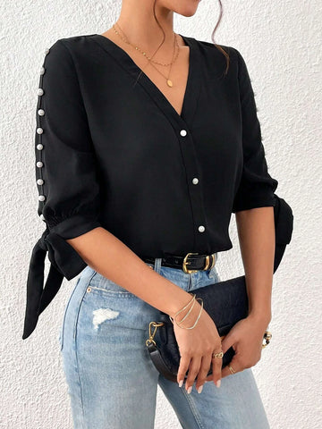 Unity Pearls Beaded Knot Cuff Button Front Blouse