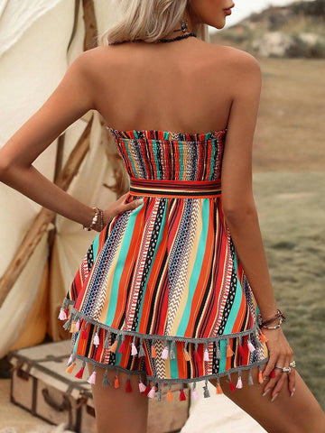 Geo Print Tassel Trim Belted Tube Romper