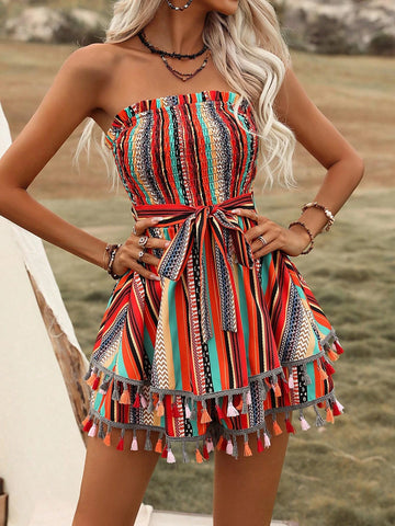 Geo Print Tassel Trim Belted Tube Romper