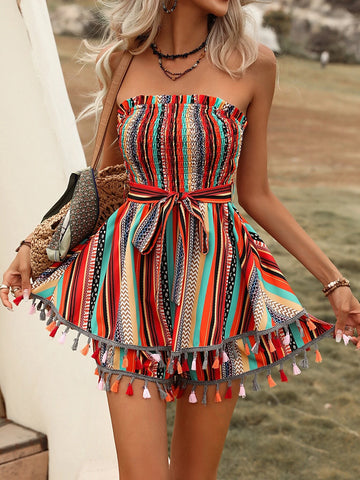 Geo Print Tassel Trim Belted Tube Romper