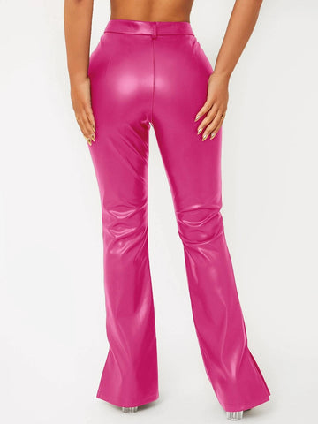 SXY Split Hem PU Leather Flare Leg Pants