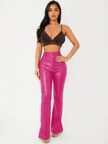 SXY Split Hem PU Leather Flare Leg Pants