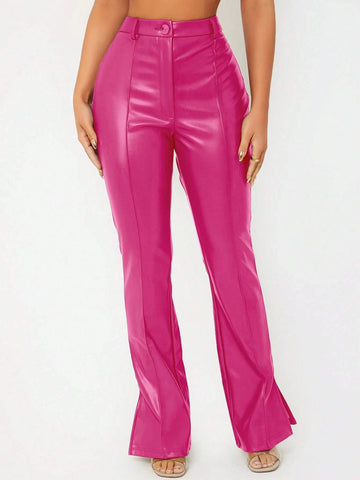 SXY Split Hem PU Leather Flare Leg Pants