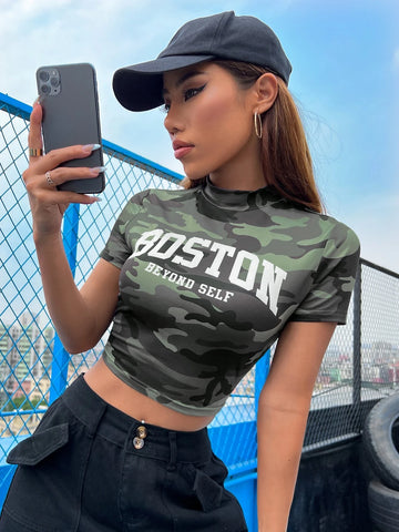 Camo & Letter Graphic Mock Neck Crop Tee