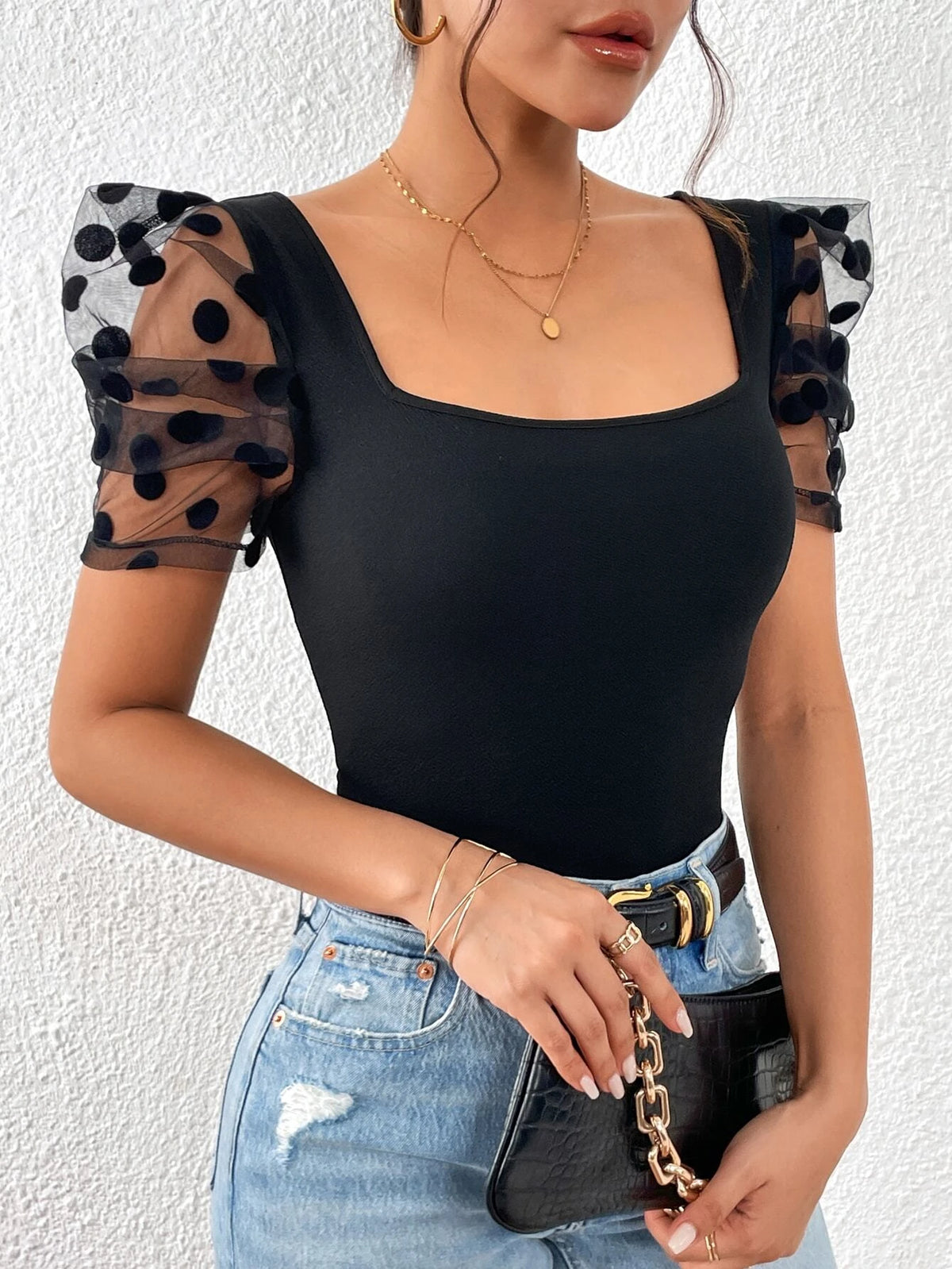 Contrast Dobby Mesh Puff Sleeve Square Neck Tee