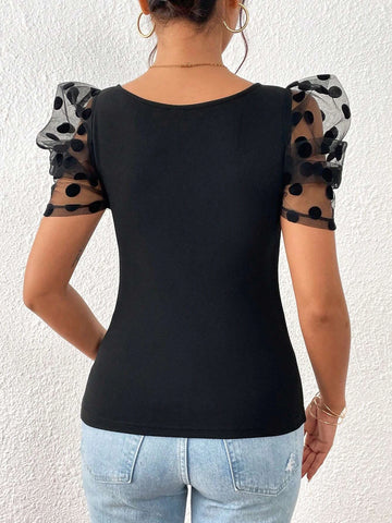 Contrast Dobby Mesh Puff Sleeve Square Neck Tee