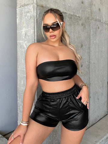 SXY Elastic Waist Slant Pocket PU Leather Shorts